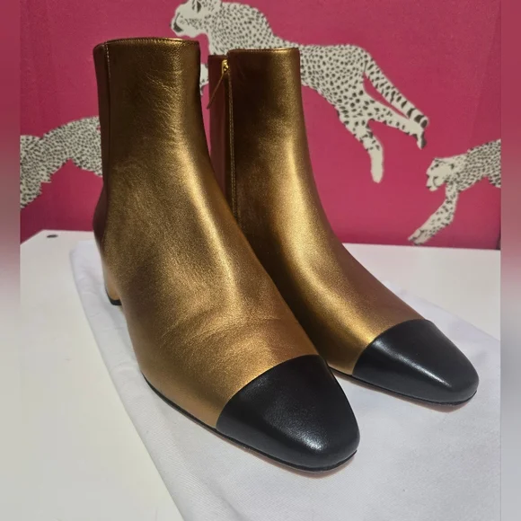 NWT Veronica Beard Cecile Cap Toe Gold Metallic Leather Ankle Boots Size 9M - Picture 3 of 9